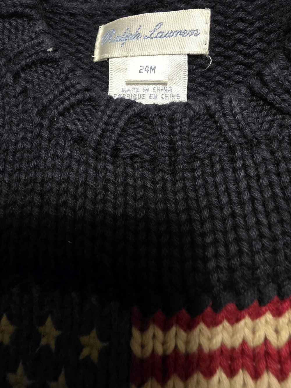 Ralph Lauren Black Knit Crewneck Sweater with Flag Embroidery